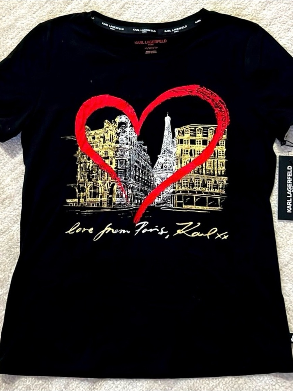 Karl Lagerfeld Paris Black Short Sleeve Tee w/ Red Heart & Gold Paris Graphic